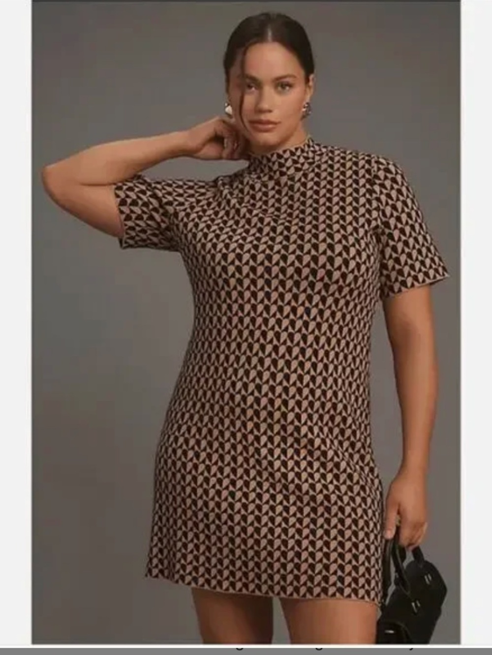 ANTHROPOLOGIE Short-Sleeve Mock-Neck Mod Black & Tan Sweater Mini Dress - 2X - Picture 2 of 16